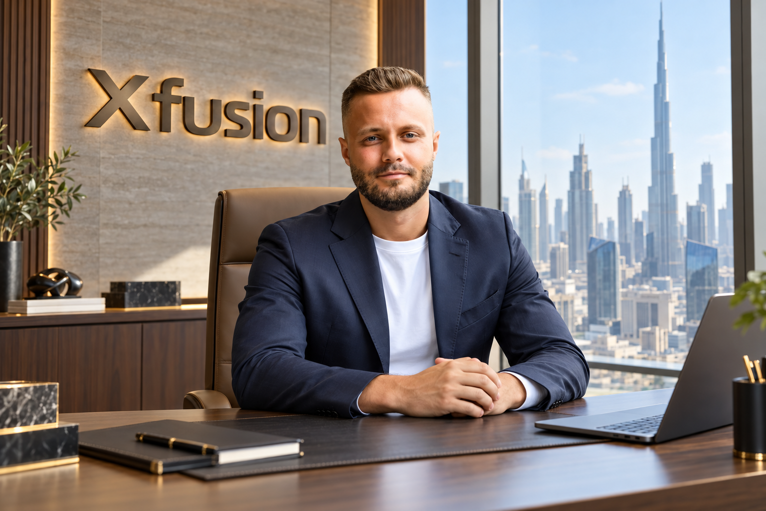 Zeljko Cikojevic at his desk in the XFusion office with the Dubai skyline behind him